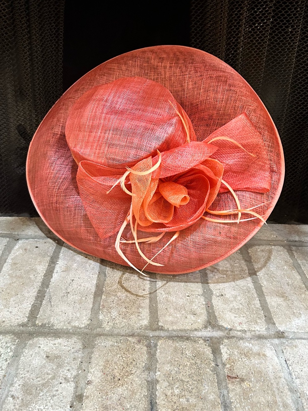 ANTONIO MELANI Coral Orange Wide-Brim Sinamay Dress Hat with Rosette EUC